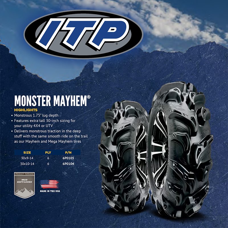 Promotional photo of the heavy duty larger ITP Monster Mayhem ATV and UTV tire with highlight features and sizes / specifications.