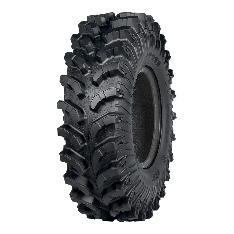 Angled view of the 8-ply heavy duty ITP MT911 extreme mud tire, designed for ATV, UTV, and SXS applications.