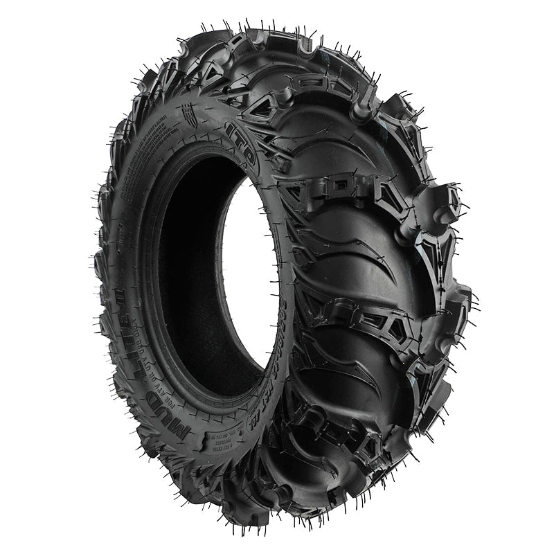 Angled view of front atv and utv tire by ITP, model Mud Lite II bias play tire.