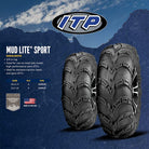 Promotional photo of ITP Mud Lite Sport quad tires displaying features, specifications, and part numbers.