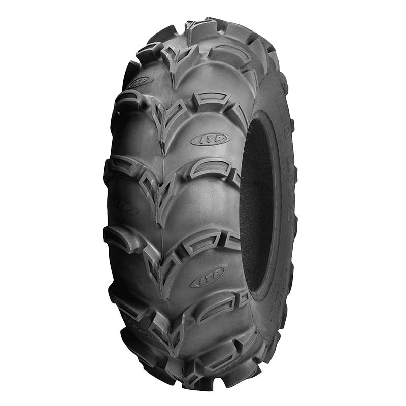 Angled view of ITP Mud Lite XL front tire designed for ATV and UTV mud and all terrain use - 6-ply heavy duty construction.