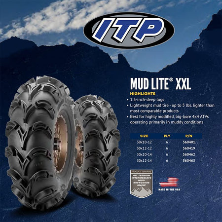 Mud Lite XXL tires features, highlights, and specifications promotional photo.
