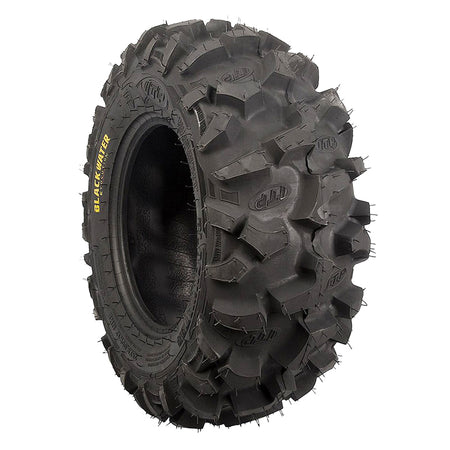 Angled view of the ITP Blackwater Evolution Radial 8-Ply UTV and ATV tire, designed with extreme puncture resistance, high traction, and smooth ride, offered with free shipping, available in 12" and 14" rim sizes.