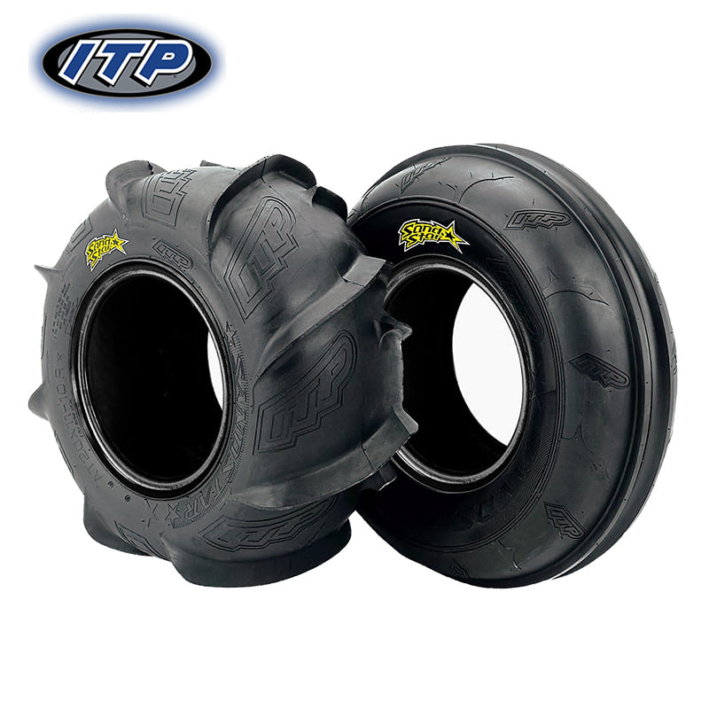 ITP Sand Star® tires for ATV, UTV, and SxS applications, designed for sand dunes and deserts, with paddle rear tire design and front dual rib design, offered with free shipping by Ride or Die Tire.