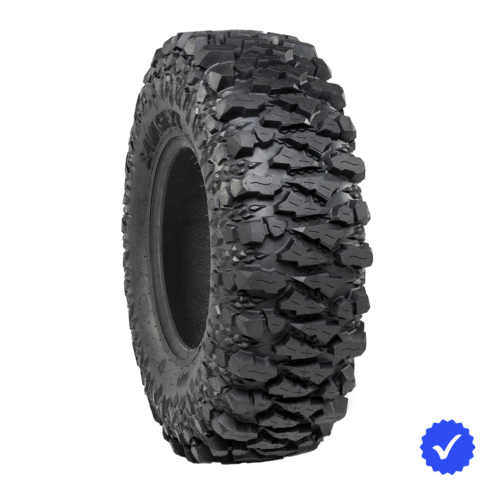 Angled view of the new high performance high speed UTV and SXS tire, the ITP Savage X/T 8-ply Radial, available with standard sticky RG2 compound or the brand new H.A.R.C. hyper adhesive rubber compound for extreme rock crawling, sold by Ride or Die Tire, and offered with free shipping.