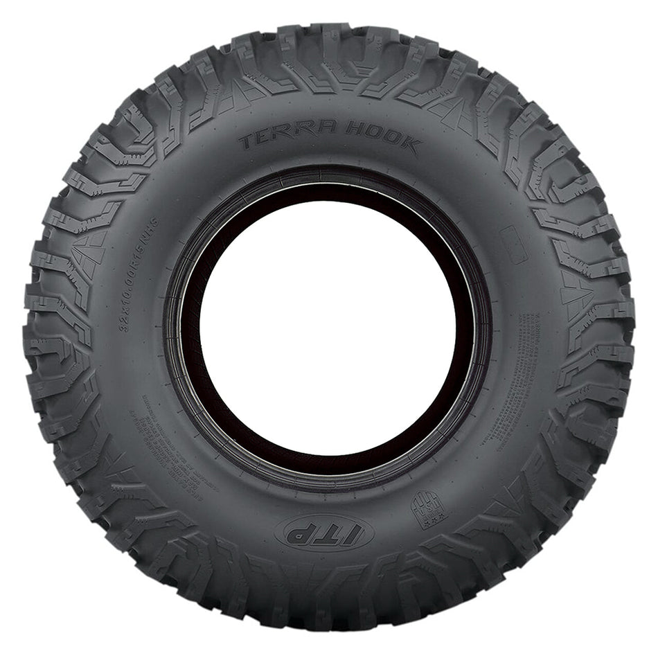Full detailed sidewall view of the ITP Terra Hook 8-ply Radial UTV and Side-by-Side high performance all terrain tire, Made in the USA and NHS rated for off-road use only.
