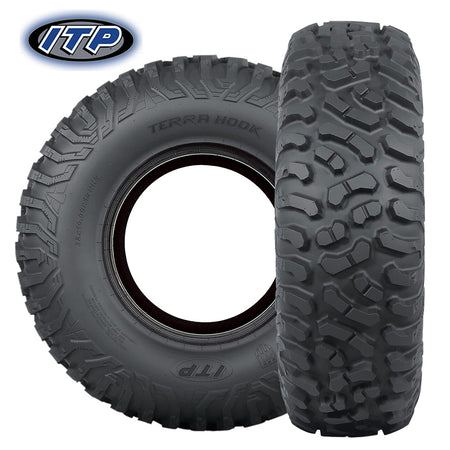 Main listing photo showing the sidewall and tread pattern of the 8-ply Nylon Radial high quality UTV and SXS tire, the ITP Terra Hook, available in all major sizes and all offered with free shipping from Ride or Die Tire.