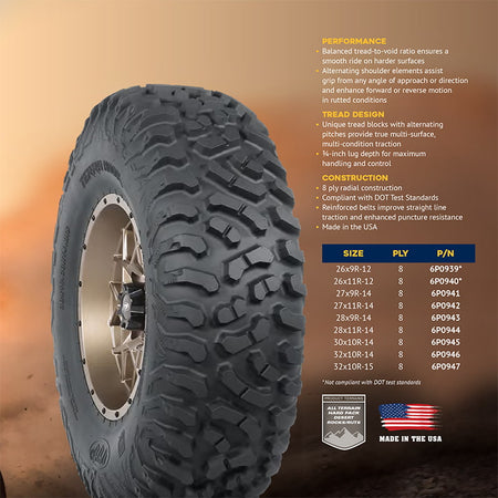 Performance, tread design, and construction details of Terra Hook tires, outlined on promotional feature photo.