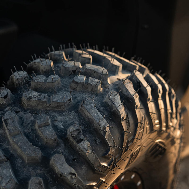 Close up view of tread and stepped shoulder lugs on the Terra Hook tire, available in 12", 14", and 15" rim sizes.