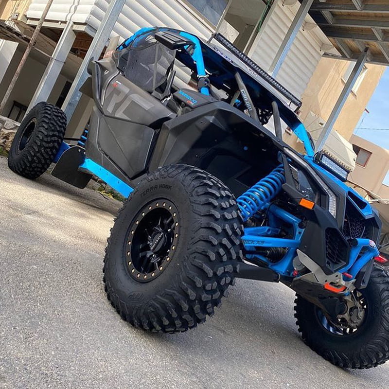ITP Terra Hook radial 8-ply UTV and SXS tires installed and mounted on CanAm Maverick side-by-side.