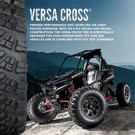Promotional photo for original Versa Cross tire which is designed for higher horsepower UTV and SxS vehicles, compliant with DOT test standards.
