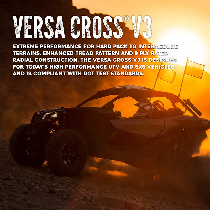 Promotional photo for the Versa Cross V3 extreme performance tire designed for hard pack and intermediate terrain.