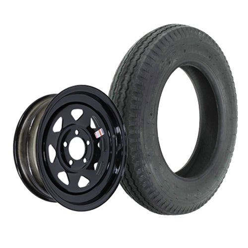 4.80-12 Loadstar tire mounted on 12x4ja black steel spoke trailer wheel in 5 on 4.5 bolt pattern.