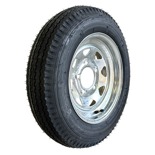 4.80-12 Loadstar tire mounted on 12x4ja galvanized steel spoke trailer wheel in 5 on 4.5 bolt pattern.