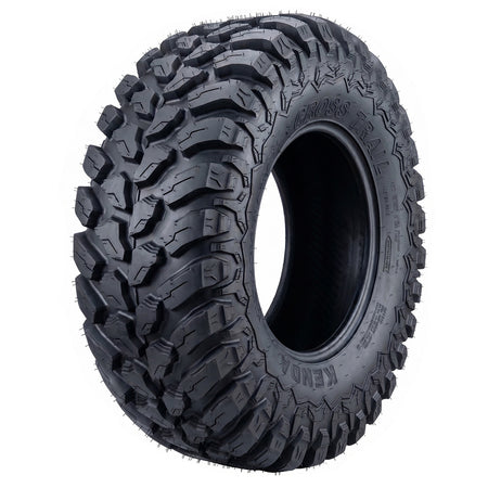 Angled view of the Kenda Cross Trail K3213 high performance all-terrain 8-Ply Radial SXS and UTV tire, featuring a high traction angled tread design with stepped shoulder lugs, elite void to tread ratio, and fast speed rating, offered with free shipping on all sizes, NHS rated for off road use, all sizes offered with free shipping.