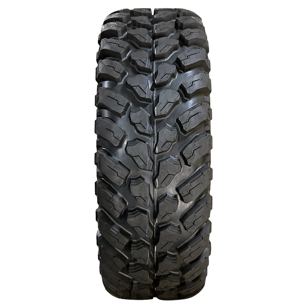 Full tread pattern view of the K3213 Kenda Cross Trail UTV tire, displaying the directional high traction lug pattern design that provides a smooth radial ride on pavement and hard pack while still offering top performance on the trails and rocks thanks to the strategic shaped tread blocks and stepped base design.