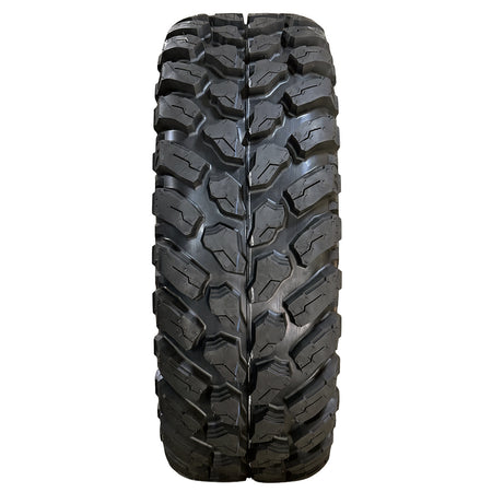 Full tread pattern view of the K3213 Kenda Cross Trail UTV tire, displaying the directional high traction lug pattern design that provides a smooth radial ride on pavement and hard pack while still offering top performance on the trails and rocks thanks to the strategic shaped tread blocks and stepped base design.