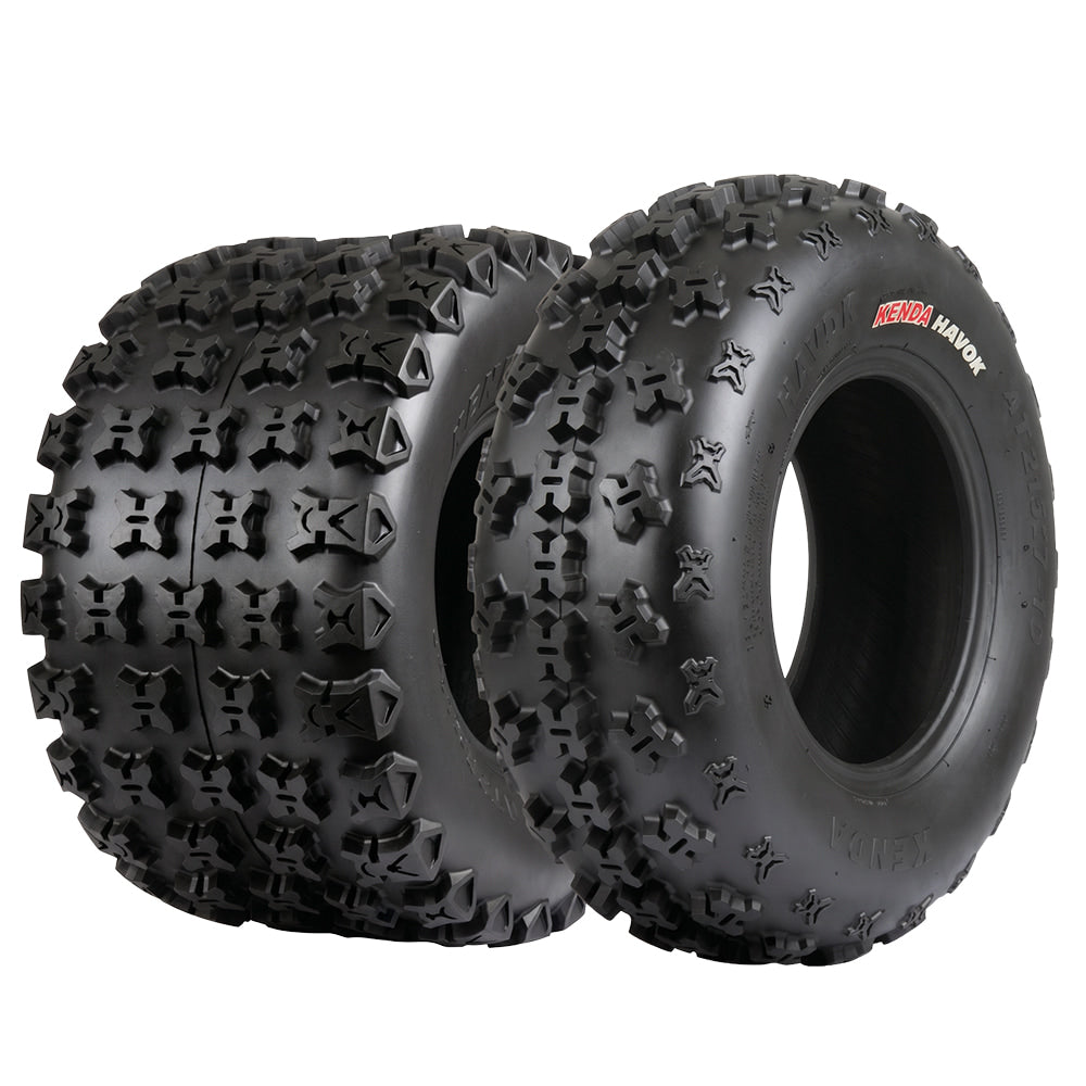 Main product image photo of the high performance Kenda Havok quad and atv sport tire, featuring high traction "x" knob tread block design and either 4 or 6-ply bias construction for durability, sold by authorized Kenda dealer Ride or Die Tire.