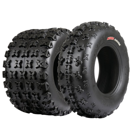 Main product image photo of the high performance Kenda Havok quad and atv sport tire, featuring high traction "x" knob tread block design and either 4 or 6-ply bias construction for durability, sold by authorized Kenda dealer Ride or Die Tire.