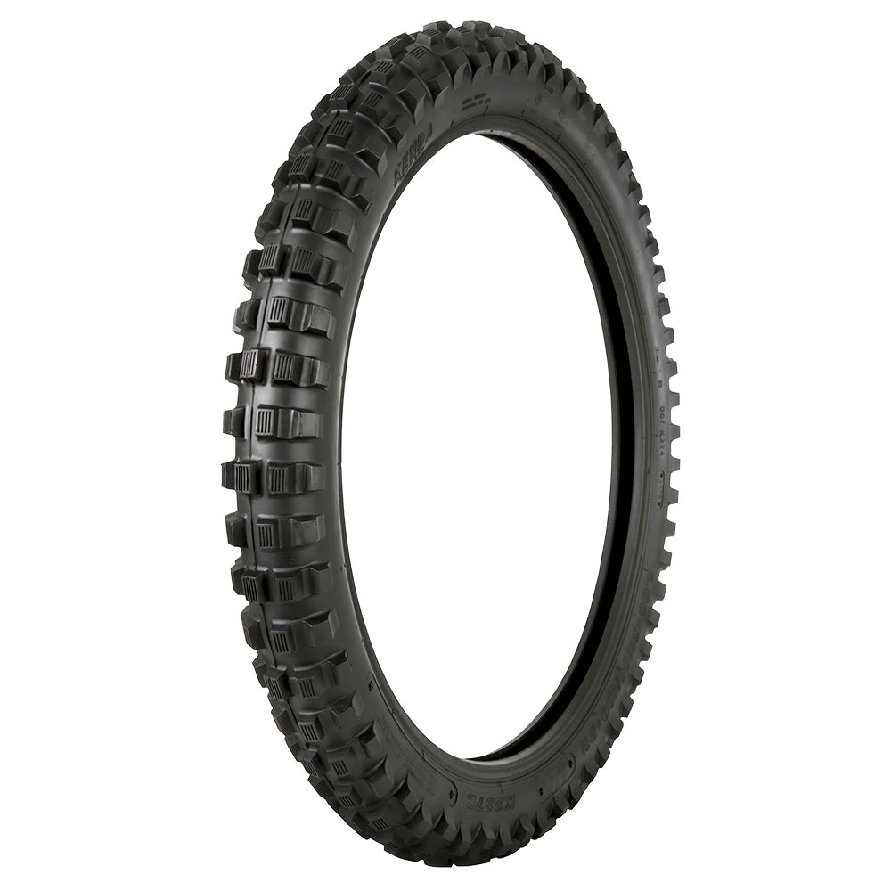 Angled view of the Kenda K257D Klassic motorcycle mx front tire, designed with a vintage look, and high traction 4 to 5 knobby design, available in DOT approved spec, tube type tire, all sizes offered with fast and free shipping.