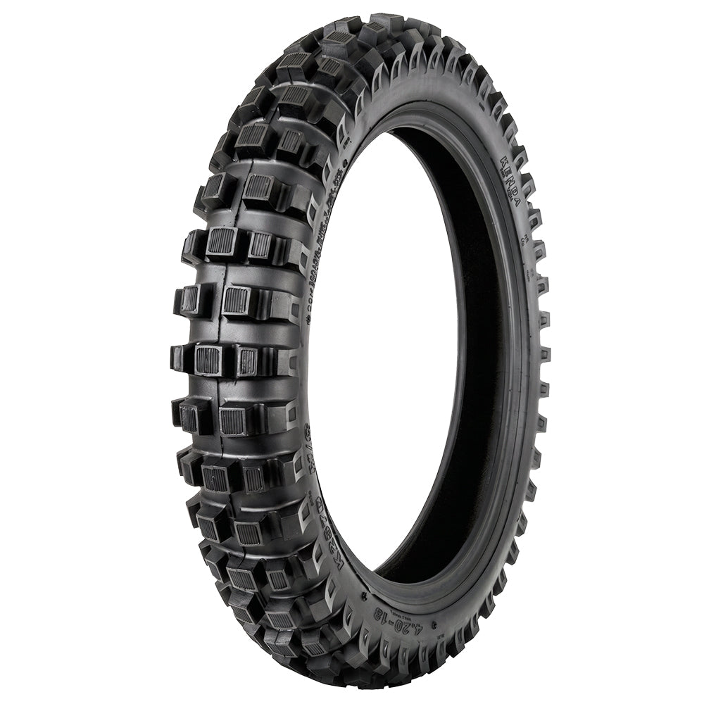 Angled view of the Kenda K257D Klassic motorcycle mx rear tire, designed with a vintage look, and high traction 4 to 5 knobby design, available in DOT approved spec, tube type tire, all sizes offered with fast and free shipping.