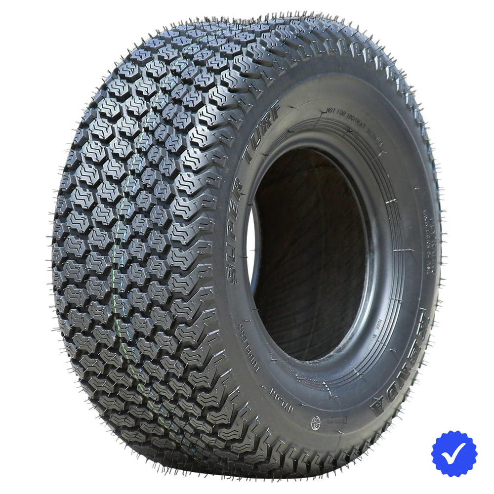 Angled view of the OEM and Aftermarket Super Turf K500 tire from Kenda, manufactured with tough bias ply construction and lawn friendly classic lug pattern design with siping for better traction, offered with fast and free shipping.