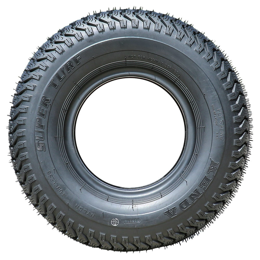 Full sidewall view of the Kenda K500 Super Turf lawn and garden tire, featuring nylon bias construction, NHS rating, and wrap around shoulder lugs to help protect the sidewalls against damage from lawns and gardens.