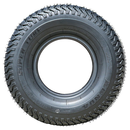 Full sidewall view of the Kenda K500 Super Turf lawn and garden tire, featuring nylon bias construction, NHS rating, and wrap around shoulder lugs to help protect the sidewalls against damage from lawns and gardens.