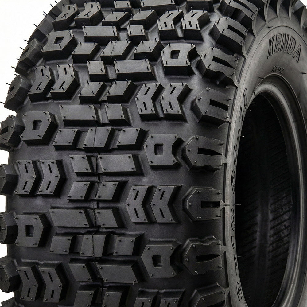 Close up view of the Kenda Terra Trac tread pattern and lug design, showcasing the tread pattern detail and lug arrangement specifically designed to promote traction for braking, accelerating, and side bite.
