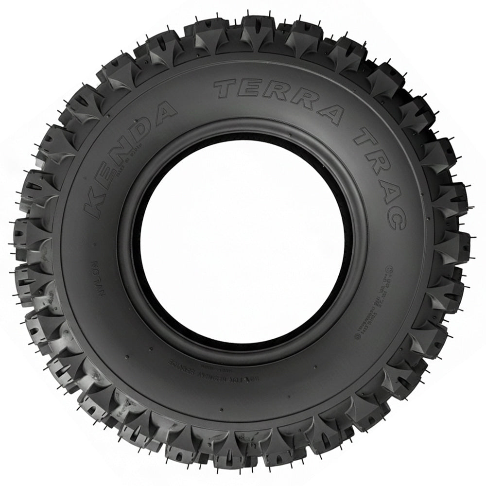 Full sidewall view of the K502 Kenda Terra Trac lawn, garden, zero turn, atv, and golf cart tire, displaying the wrap-around shoulder lug design.