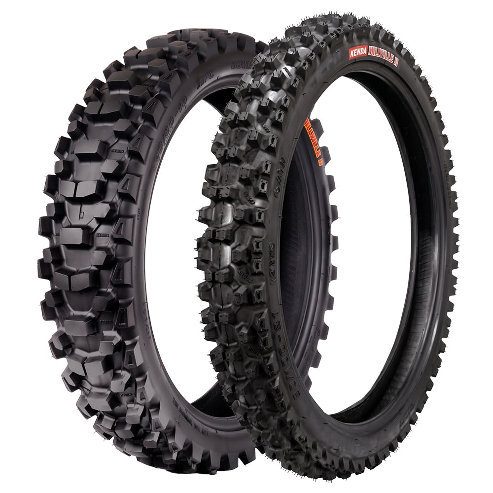 Main product image showing both the front and rear Kenda Millville II MX and Off-Road motorcycle knobby / rear scoop tires, tube-type, designed in a wide variety of sizes, and offered for sale by Ride or Die Tire.