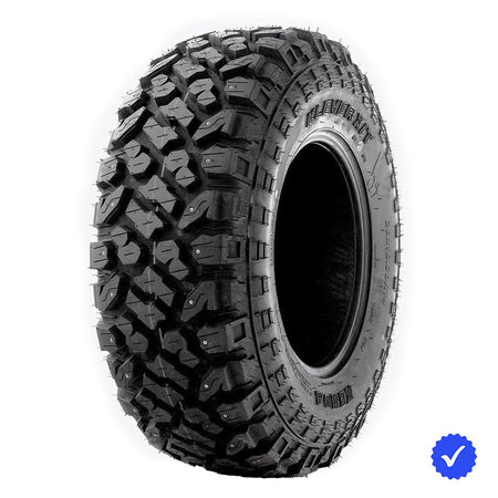 Angled view of the premium high performance 8-ply rated Steel Belted Radial UTV and Side-by-Side all-terrain tire with high traction, studdable tread pattern, and offered in 14" and 15" rim sizes, all with free shipping, available individually or as a set of 4 from Ride or Die Tire.