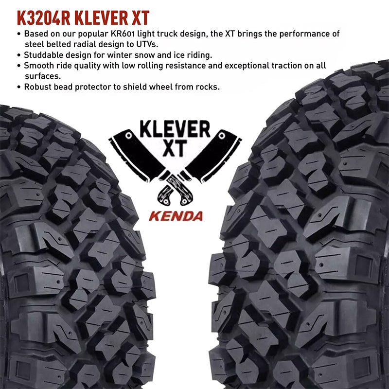 Features and selling point of the K3204R Klever X/T 8-ply SBR radial UTV Tire made by Kenda with premium lightweight construction, featuring a studdable design, smooth ride quality, low rolling resistance, robust bead protector, and exceptional traction on all surfaces.