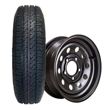 Kenda Karrier S-Trail Load Range D 12" trailer tire on black steel MOD wheel with 5x4.5" bolt pattern.