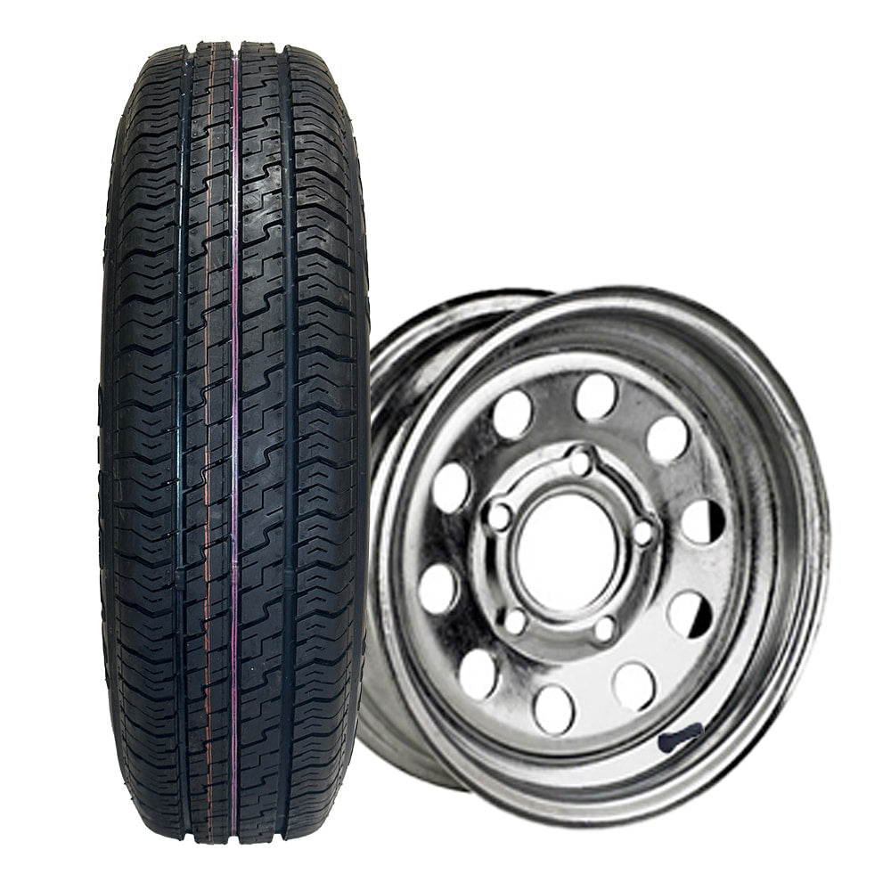 Kenda Karrier S-Trail Load Range E 12" trailer radial tire on galvanized steel MOD wheel with 5x4.5" bolt pattern.
