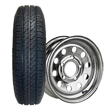 Kenda Karrier S-Trail Load Range E 12" trailer radial tire on galvanized steel MOD wheel with 5x4.5" bolt pattern.
