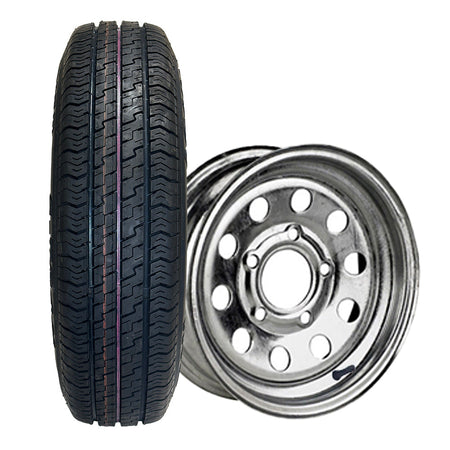 Kenda Karrier S-Trail Load Range D 12" trailer tire on galvanized steel MOD wheel with 5x4.5" bolt pattern.