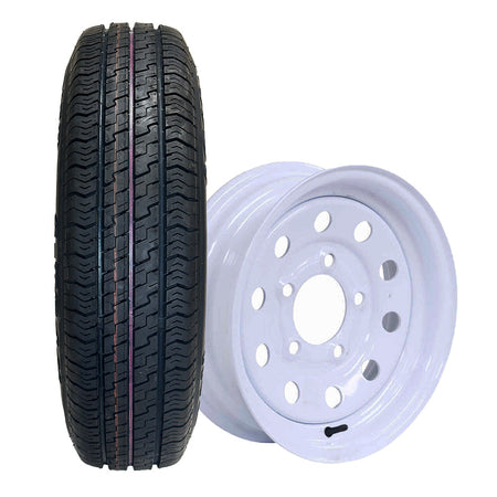 Kenda Karrier S-Trail Load Range D 12" trailer tire on white 12x4 steel wheel with 5x4.5" bolt pattern and zero offset.