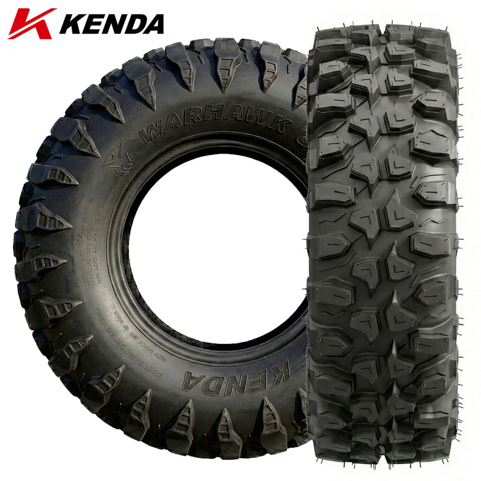 Main product listing photo for the new Kenda Warhawk UTV and SXS 8-ply radial rugged all-terrain tire, built to dominate rocks, ruts, and rough terrain with reinforced construction, displaying both the aggressive tread pattern and lug design as well as the tough sidewall view, available for sale by Ride or Die Tire.