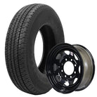 Heavy Duty Load Range E (LRE) Kenda Loadstar Karrier KR35 utility and trailer tire in 235/80R16 size, mounted on black 16x6 spoked steel rim with 8x6.5 bolt pattern / lug pattern, offered with free shipping, assembly part #s 10247 and 20773.