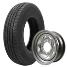 Heavy Duty Load Range E (LRE) Kenda Loadstar Karrier KR35 utility and trailer tire in 235/80R16 size, mounted on silver 16x6 spoked steel rim with 8x6.5 bolt pattern / lug pattern, offered with free shipping, assembly part #s 10247 and 20776.