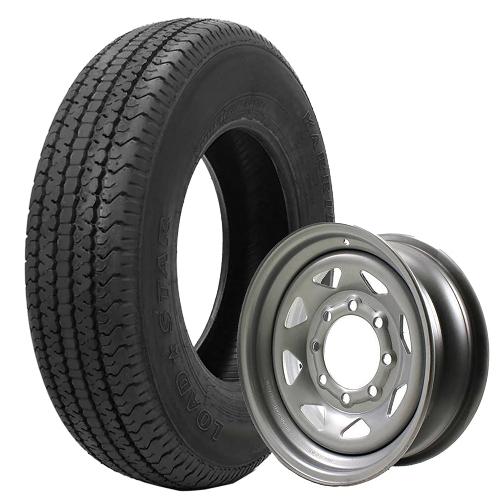 Heavy Duty Load Range E (LRE) Kenda Loadstar Karrier KR35 utility and trailer tire in 235/80R16 size, mounted on silver 16x6 spoked steel rim with 8x6.5 bolt pattern / lug pattern, offered with free shipping, assembly part #s 10247 and 20776.
