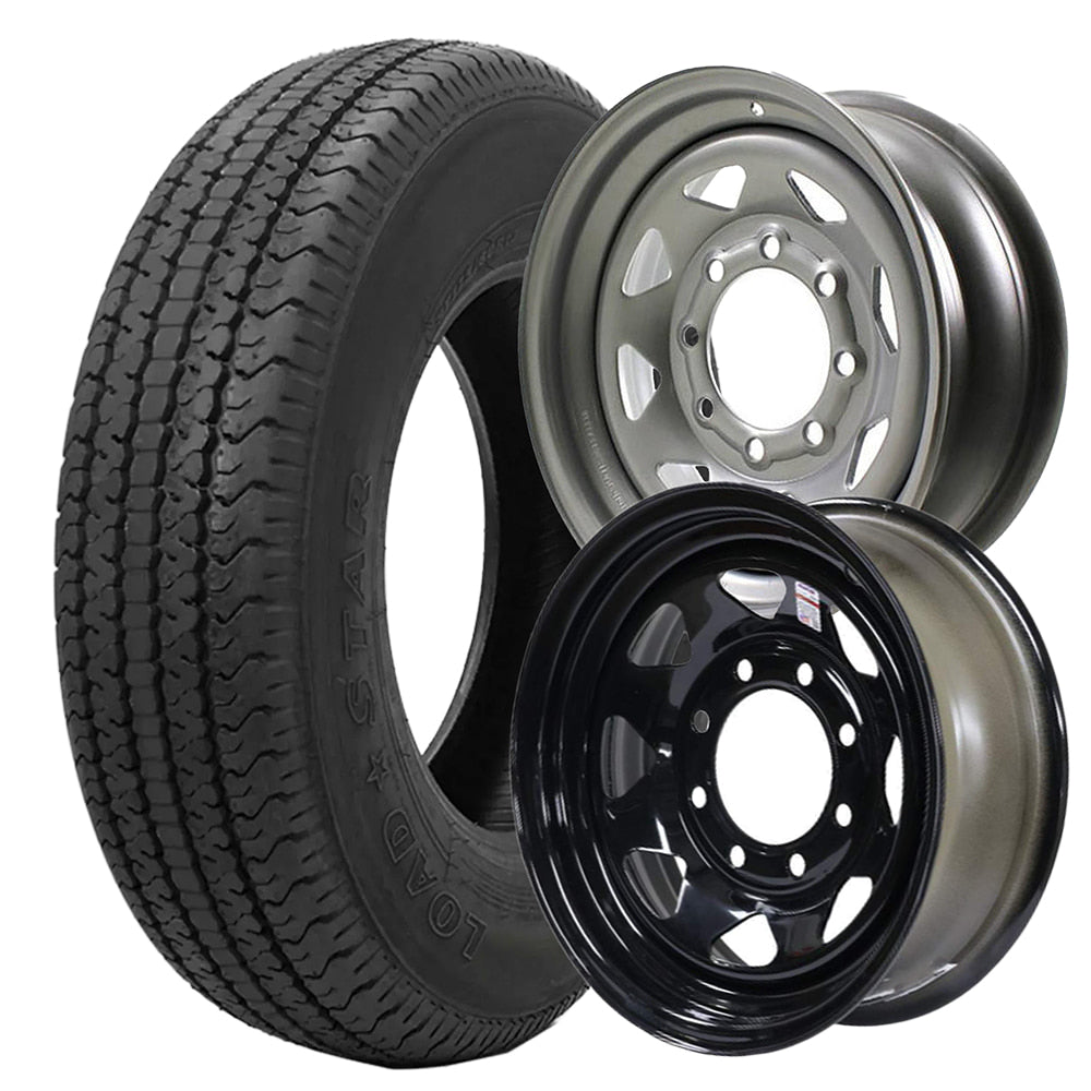 Heavy Duty Load Range E (LRE) Kenda Loadstar Karrier KR35 utility and trailer tire in 235/80R16 size, mounted on black, silver, or white 16x6 spoked steel rims with 8x6.5 bolt pattern / lug pattern, offered with free shipping.