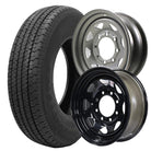 Heavy Duty Load Range E (LRE) Kenda Loadstar Karrier KR35 utility and trailer tire in 235/80R16 size, mounted on black, silver, or white 16x6 spoked steel rims with 8x6.5 bolt pattern / lug pattern, offered with free shipping.