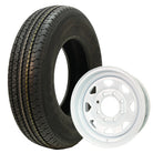 Heavy Duty Load Range E (LRE) Kenda Loadstar Karrier KR35 utility and trailer tire in 235/80R16 size, mounted on black 16x6 spoked steel rim with 8x6.5 bolt pattern / lug pattern, offered with free shipping, assembly part #s 10247 and 20750.