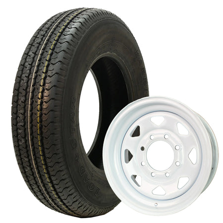 Heavy Duty Load Range E (LRE) Kenda Loadstar Karrier KR35 utility and trailer tire in 235/80R16 size, mounted on black 16x6 spoked steel rim with 8x6.5 bolt pattern / lug pattern, offered with free shipping, assembly part #s 10247 and 20750.