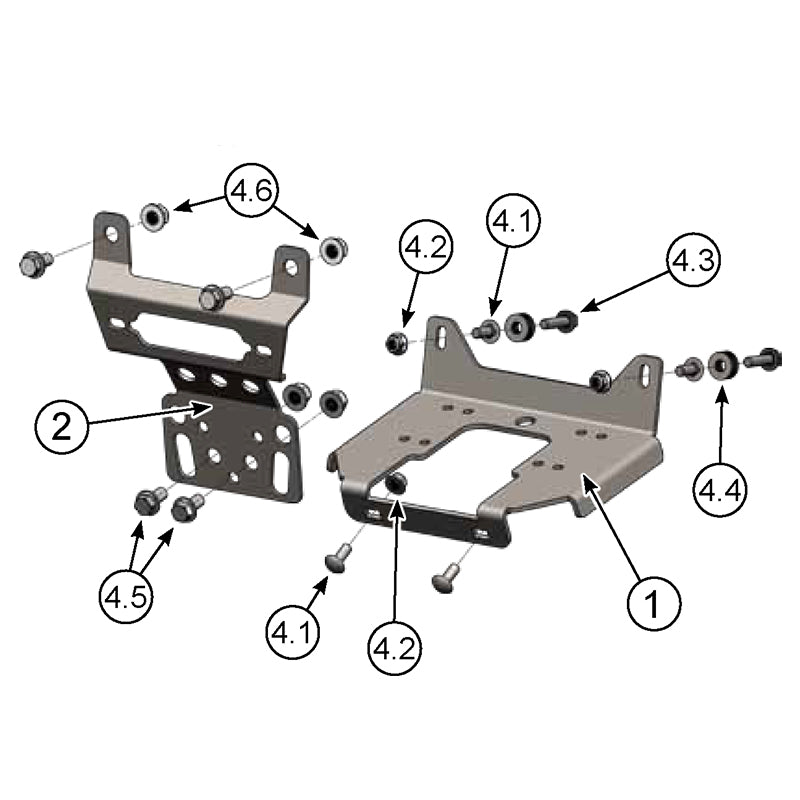 Exploded expanded view of UTV winch mount by KFI designed for most Polaris RZR and General models and compatible with a wide variety of winches, full compatibility specs available to view, offered with free shipping, Part #101735.