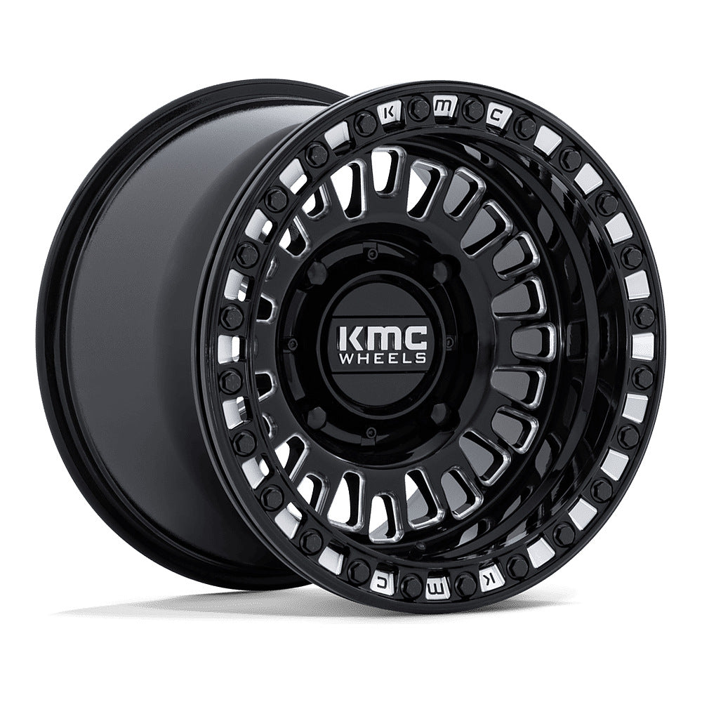 KMC Aztec Beadlock KS242 UTV wheel in gloss black milled, angled front view