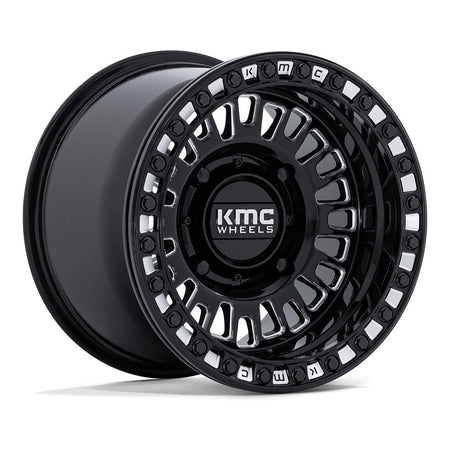 KMC Aztec Beadlock KS242 UTV wheel in gloss black milled, angled front view