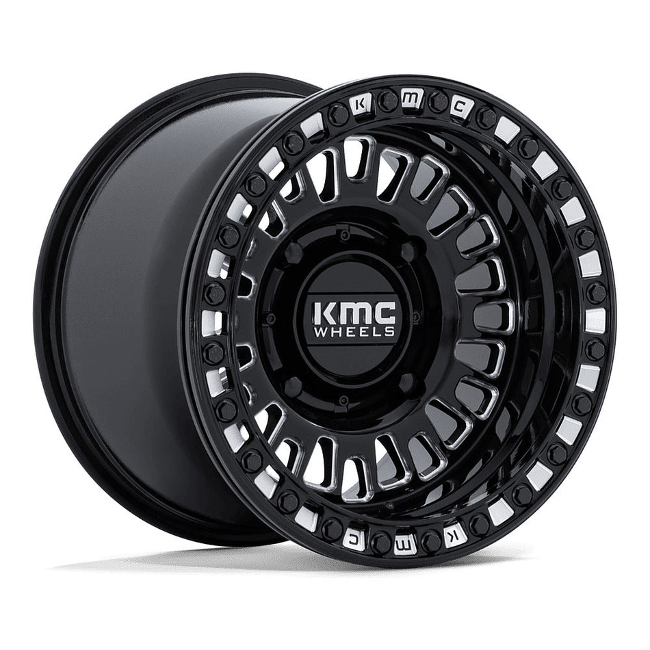 KMC Aztec Beadlock KS242 UTV wheel in gloss black milled, angled front view